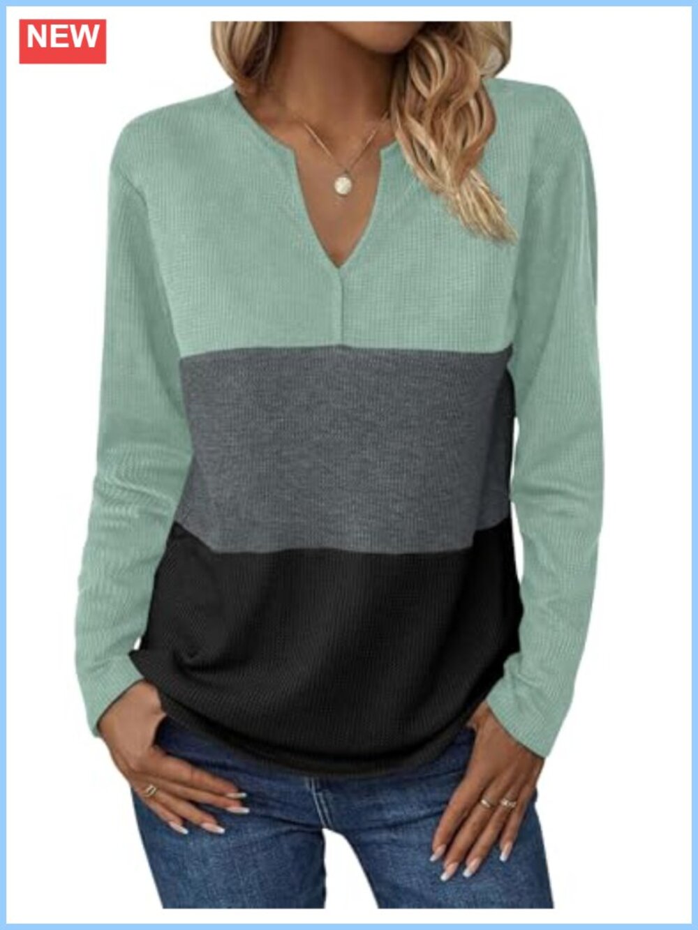 Women's Waffle Knit Long Sleeve V-Neck Color Block Pullover Top